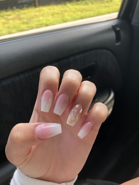 French ombré with gold flake accent nail💫 French Ombre Nails With Gold, Gold Flake Nails French Tip, Pink And White Ombre Nails With Gold Flakes, Gold Flake Ombre Nails, Summer Nails With Gold Flakes, French Ombre With Gold, French Nails With Gold Flakes, Ombre Nails Gold Flakes, French Tip Nails With Gold Flakes