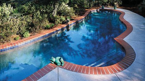 What’s New Poolside? Great Coping Strategies Brick Pool, White Deck, Brick Material, Swimming Pool Landscaping, Brick Tile, Pool Coping, Pool Construction, Brick Pavers, Brick Tiles