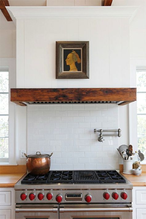 Covered Range Hood - White and Reclaimed Wood - by Sullivan Building and Design… Farm Kitchen Ideas, Kitchen Hood Ideas, Kitchen Vent Hood, Kitchen Vent, Kitchen Range Hood, Farm Kitchen, Kitchen Hoods, Kitchen Stove, Range Hoods