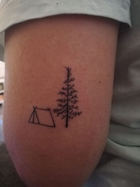 50 Best Small Travel Tattoos Ideas That Will Inspire Inner Wanderers Simple Tattoos Outdoors, Tent And Tree Tattoo, Small Tent Tattoo, Tent Tattoo Simple, Backpacking Tattoo, Hiker Tattoo, Pascal Tattoo, Tent Tattoo, Small Travel Tattoo