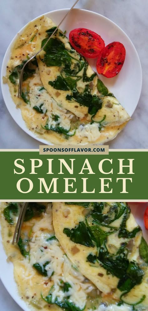 Spinach omelette served with pan roasted tomatoes Quick Easy Spinach Recipes, Eggs Omlette Healthy, Spinach Mushroom Omlette, Spinach Onion Omelette, Breakfast Ideas With Spinach And Eggs, Egg Spinach Recipes, Egg White Spinach Omelet, Spinach Cheese Omelette, Easy Healthy Omelette