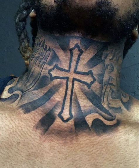 2024's Trendiest Men's Neck Tattoos: Find Your Style & Inspiration Jason Neck Tattoo, Cross Throat Tattoo Men, Godly Neck Tattoos, Nice Neck Tattoos For Men, Best Throat Tattoos Men Design, Edgar With Tattoos, Trust None Neck Tattoo, Memorial Neck Tattoos For Men, Humble Neck Tattoo