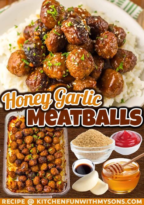 Honey Garlic Meatball Recipes, Meatball Recipes Party, Slow Cooker Honey Garlic Meatballs, Meatballs Baked In Sauce, Cheesy Meatball Bites, Garlic Parm Meatballs, Meatball Finger Food Recipes, Honey Garlic Sauce For Meatballs, Honey Garlic Meatballs Instant Pot