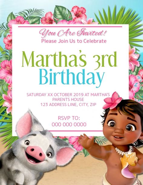 Moana Invitation Template, Moana Party Invitations, Kids Birthday Invitation Template, Moana Invitation, Moana Birthday Invitation, Moana Bebe, Birthday Party Invitations Free, Kids Birthday Invitation, Painting Birthday