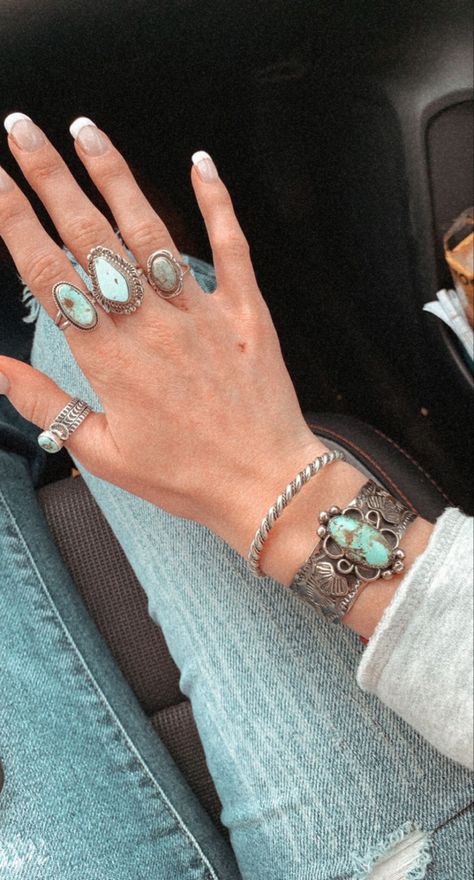 Western Accessories Rings, Styling Turquoise Jewelry, Turquoise Jewelry Outfits, Turquoise Western Jewelry, Punchy Jewelry, Western Turquoise Jewelry, Western Jewelry Rings, Dry Creek Turquoise Jewelry, White Turquoise Jewelry