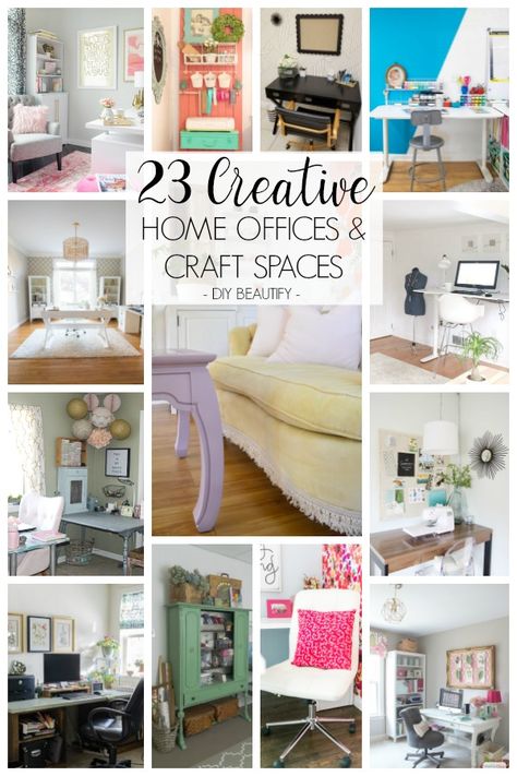 23 creative home office and craft spaces at www.diybeautify.com. Craft And Office Room, Home Office Creative Space, Small Office Craft Room Combo, Craft Rooms In Small Spaces, Craft And Office Room Ideas, Office/craft Room, Home Office And Craft Room Combo, Craft Corner Ideas Small Spaces, Creative Spaces Studio