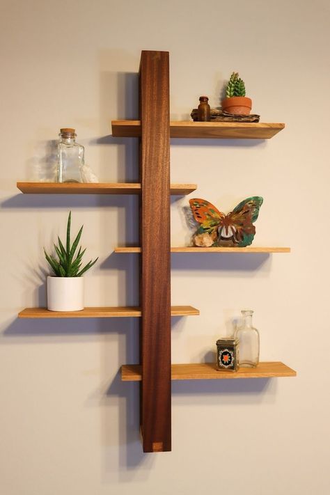 Make 16,000 Projects With Step By Step Plans...even if you don't have a large workshop or expensive tools! small wood projects DIY, small wood projects scrap, small wood projects awesome ideas, and many other pins!ideas] simple | wood working I diy projects | wood crafts I diy wood working ideas Mcm Shelves, Mcm Shelf, Mid Century Modern Shelf, Shelves Geometric, Modern Shelf Decor, Modern Shelf Design, Mid Century Modern Shelves, Modern Wooden Furniture, Unique Wall Shelves