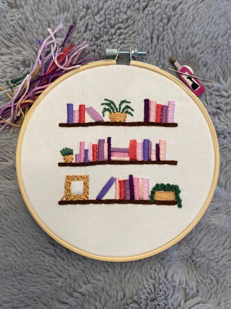 Handmade by Hunnibee Embroidery Embroidery Bookshelf, Bookish Embroidery, Book Embroidery, Embroidery Book, Hand Embroidery Art, Embroidery Inspiration, Embroidery And Stitching, Punch Needle, Shirt Pattern