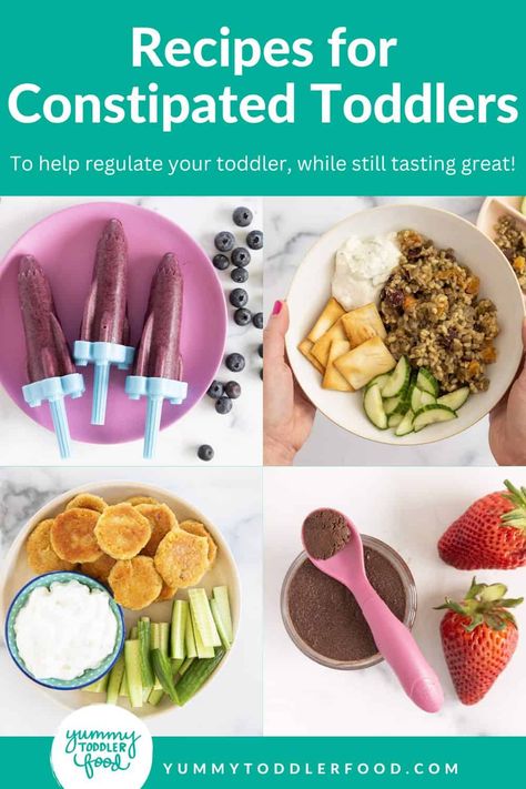 Recipes for constipation in grid of images. Food For Constipation In Kids, Toddler Constipation Relief Foods, Constipation Smoothie Kids, Toddler Fiber Foods, High Fiber Foods For Toddlers, Healthy Fats For Toddlers, Fiber Meals For Kids, High Fiber Toddler Foods, Fiber For Toddlers