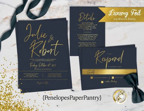 Simple but Elegant Gold Foil on Navy Paper Wedding Invitations PenelopesPaperPantry.etsy.com If you aren't already don't forget to give me a follow to get updates on all I offer! . . . . . . . . . . . . . . . #wedding #brideandgroom #engagment #shesaidyes #futuremrs #soontobemrs #weddingseason #penelopespaperpantry #sale #engagementparty #weddinganniversary #vowrenewal #justmarried #marriedera #marriedforlife #weddingseason #weddinginspiration #weddingday #weddingstyle #weddingdetails #wed... Black And Copper Wedding, Black And Gold Wedding, Black Envelope, Middle Names, Custom Matches, Black Envelopes, Gold Foil Wedding, Foil Wedding Invitations, Black Invitation