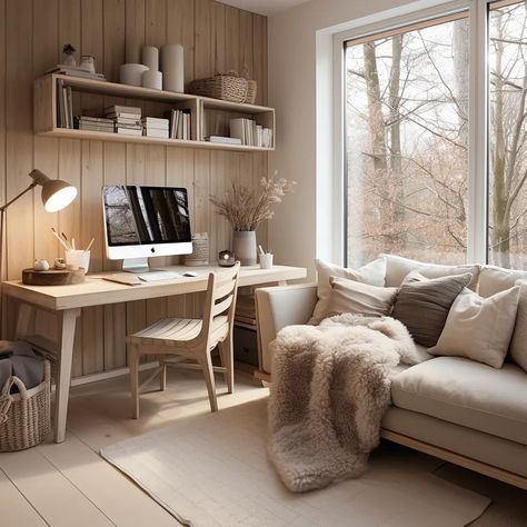 Cozy work space at home Cozy Office With Couch, Cozy Work Space, Work Space At Home, Ideas Habitacion, Office Cozy, Shelves Office, Office With A View, Neutral Office, Neutral Sofa