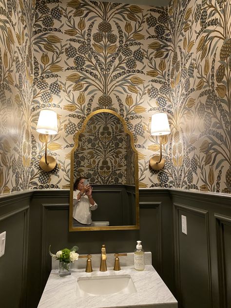 Half Bathroom Ideas French Country, Whole Bathroom Ideas, Vintage Powder Bathroom, Powder Room Wallpaper Moody, Powder Room Wainscoting Wallpaper, Art Nouveau Powder Room, Dark Wainscoting Ideas Bathroom, Wallpaper Downstairs Toilet, Long Narrow Powder Room