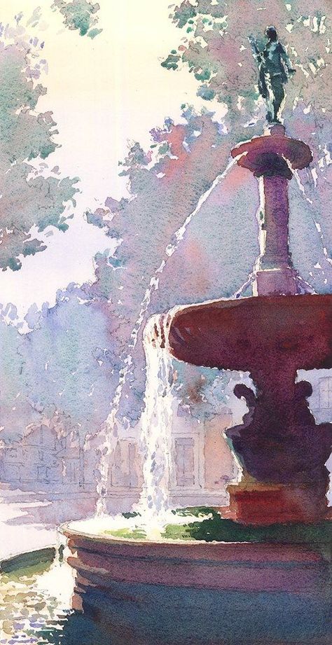 Fountain Watercolor Painting, Michael Reardon Watercolors, Beautiful Watercolor Art, Landscape Art Watercolor, Water Fountain Painting, Illustration Art Watercolor Artworks, Watercolor Paintings Landscape Beautiful, Water Fountain Drawing, Watercolor Fountain