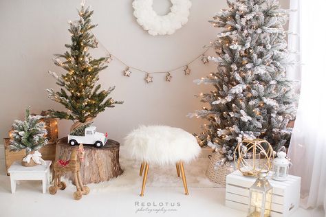 christmas backdrop holiday mini session photos neautral ivory white cream refined classy White Christmas Photoshoot Mini Sessions, Christmas Photos Backdrop, Minimalist Christmas Backdrop, White Christmas Photo Backdrop, White And Gold Christmas Photo Shoot, White Christmas Set Photography, Christmas Studio Mini Session, Simple Indoor Christmas Photoshoot, Boho Christmas Photoshoot Studio