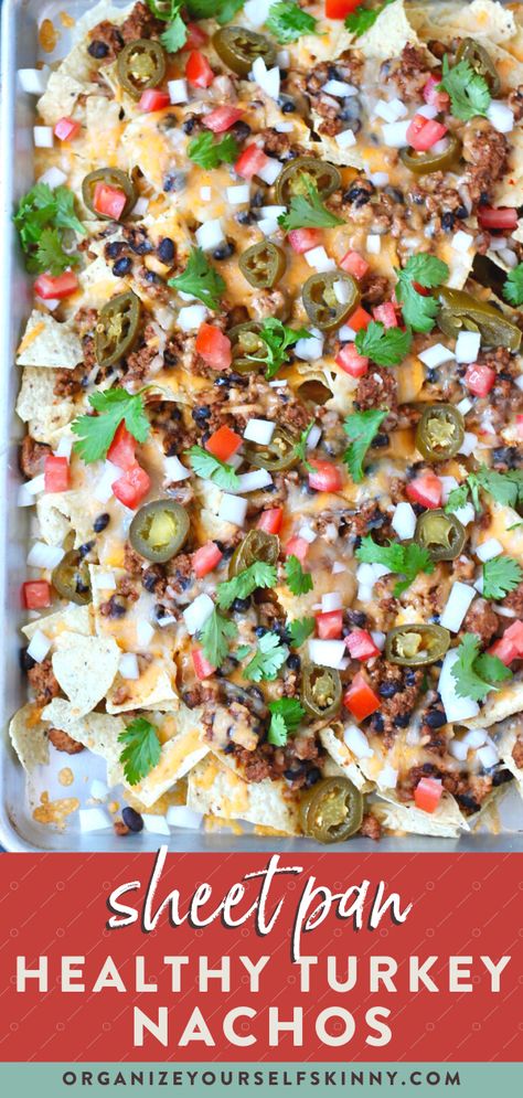 Ground Turkey Nachos, Turkey Nachos, Super Bowl Party Menu, Sheet Pan Nachos, Healthy Nachos, Pan Nachos, Pickled Jalapenos, Nachos Recipe Easy, Healthy Ground Turkey