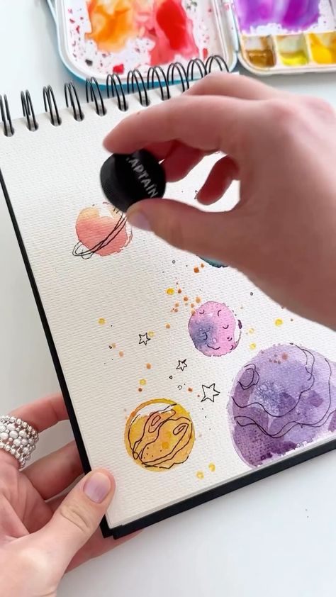 Instagram Ink And Watercolor Art Illustrations, Watercolor With Markers, Paint Planets, Planets Watercolor, Planets Painting, Painting A Tree, Planet Sketch, Planet Watercolor, Science Watercolor