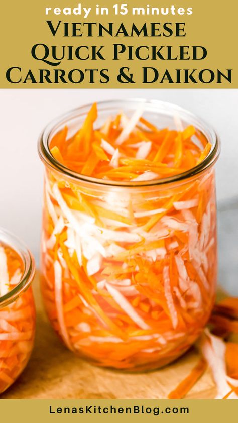 Make your Banh Mi sandwiches pop with these Vietnamese Quick Pickled Carrots and Daikon! Ready to eat in just 15 minutes, the tangy flavors and delicious crunch of these pickled vegetables give sandwiches, grain bowls, and salads a much needed boost. Vietnamese Pickled Vegetables, Pickled Carrots And Daikon, Quick Pickled Carrots, Radish Pickles, Radish Recipe, Banh Mi Recipe, Banh Mi Sandwich, Daikon Radish, Vegan Cheese Recipes