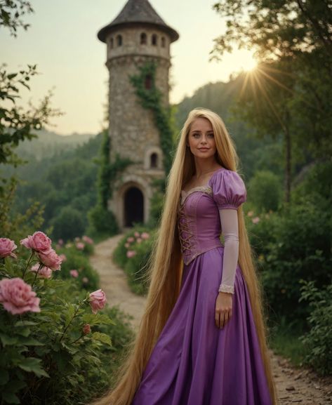 Jaimie Good in a purple Rapunzel dress with long blonde hair stands near a tall stone tower amidst flowers in a sunlit forest, embodying her role as a dedicated Rapunzel cosplayer. Tangled Dress, Disney Princess Gowns, Real Rapunzel, Sunlit Forest, Blonde Halloween Costumes, Rapunzel Cosplay, Disney Princess Cosplay, Rapunzel Costume, Rapunzel Dress