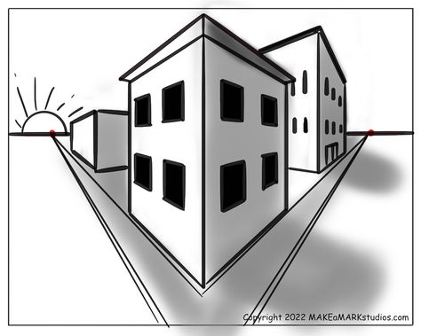 2 Points Perspective Drawing, 2 Point Perspective Drawing Cities, Point Perspective Drawing Ideas, Perspective Drawing Easy, Perspective Drawing Ideas, 2 Point Perspective City, Drawing Cities, Perspective City, 2 Point Perspective Drawing