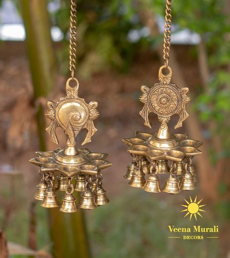 Shankh Chakra bells Brass Items For Pooja, Hurdee Decor, Mandir Doors, Silver Deepam, Diya Lamp, Vintage Brass Decor, Brass Wall Hanging, Wooden Sofa Set Designs, Pooja Items