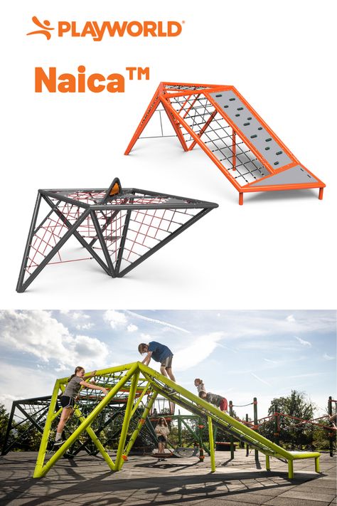 Naica™ boasts a distinctive design that captivates the imagination! The combination of triangular climbing nets and traditional playground elements encourages physical fitness, problem-solving, and creative play. Climbing Structure, Cool Playgrounds, Kids Play Spaces, Play Wood, Park Games, Commercial Playground Equipment, Play Cube, Children Park, Play Spaces