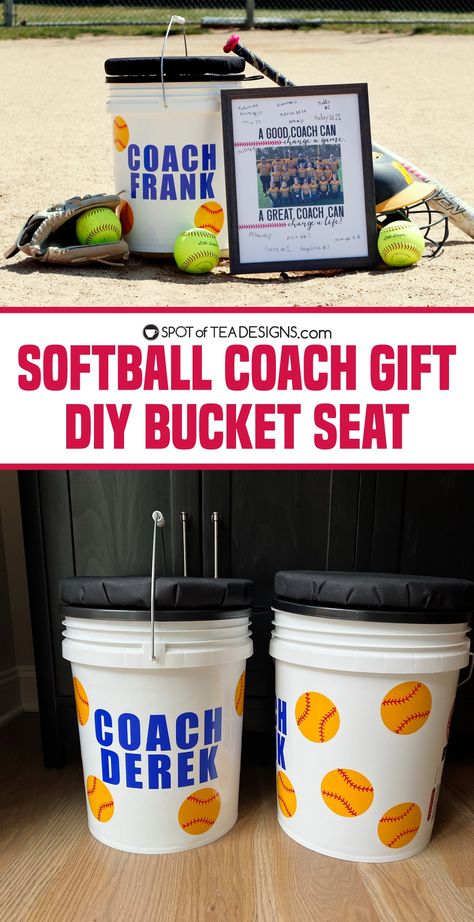 Softball Buckets Ideas, Gifts For Softball Team, Softball Buckets, Softball Team Gift Ideas, Diy Softball Coach Gifts Ideas, Softball Pins Trading Ideas, Diy Baseball Coach Gifts, Tball Coach Gift Ideas, Diy Coach Gifts