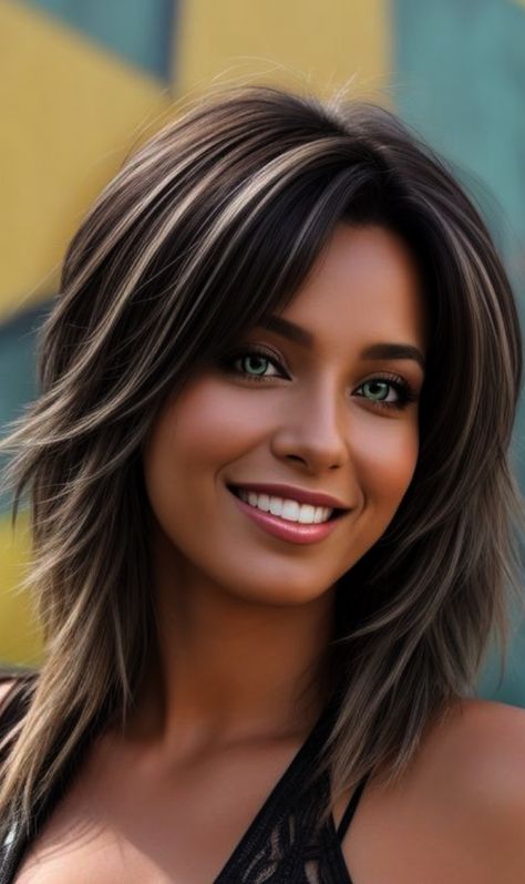 Tapered Haircut Medium Length, Grey Streaks In Brown Hair, Blonde Streaks In Dark Hair, Dark Short Hair With Highlights, 50 Plus Hairstyles Over 50, Dark Hair With Highlights And Lowlights, Rocker Chic Hair, Haircuts For Medium Length Hair, Haircuts For Women Over 50