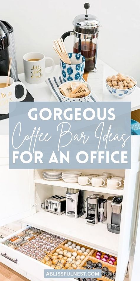 Don't let your office coffee be an afterthought. Coffee bar ideas for an office can turn your break area into a destination. Create a stylish and inviting space that employees look forward to visiting, complete with comfortable seating, trendy decor, and of course, delicious coffee. #officedesign #workplacecoffeebar #coffeebreak Coffee Bar Office Break Room, Coffee Bar Ideas For School, Coffee Bar At Work For Employees, Coffee Bar Ideas Workplace, Work Coffee Bar Ideas, Work Kitchen Ideas Office, Coffee Bar At Work, Bar Ideas For Office, Coffee Bar Ideas For Office