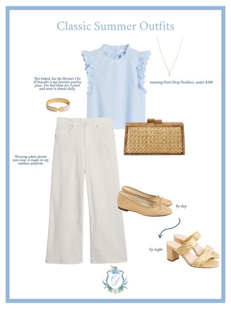 Classic Summer Outfit Inspo. 🌊 Absolutely love these rattan ballet flats and this ruffle sleeve blouse. Coastal Style, Preppu Style, Rattan Purse, White Wide Leg Jeans, Hermes Bracelet, Rattan Ballet Flats, Wicker Heels, Block Heels, Blue and White OOTD, Coastal Grandmother Style, Coastal Granddaughter Style, Pearl Necklace. Follow my shop @courtneyjenney on the @shop.LTK app to shop this post and get my exclusive app-only content! #liketkit #LTKstyletip #LTKsalealert @shop.ltk https://like Coastal Grandmother Aesthetic Outfits, Coastal Granddaughter Style, Blue Summer Outfits, Grandmother Style, Style Pearl Necklace, Rattan Purse, Classic Summer Outfits, White Ootd, White Wide Leg Jeans