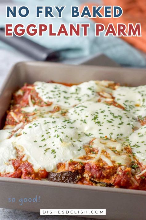 This baked eggplant parmesan is a lighter, delicious take on the classic! No frying required, just tender, cheesy goodness. #eggplantparmesan #bakedrecipes #healthiermeals Eggplant Ricotta Recipes, Unbreaded Eggplant Parmesan, Eggplant Parmesan Baked No Bread Crumbs, Keto Eggplant Parmesan Baked, Baked Eggplant Parm, Eggplant Gratin Recipes, How To Cook Eggplant, Eggplant Parmesan Recipes, Eggplant Parmesan Easy