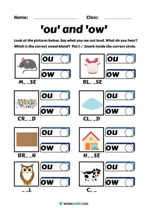 Ou Words Phonics Worksheet, Ou Phonics Worksheet, Ou Words Worksheet, Ow Phonics Worksheets, Ou And Ow Worksheets, Ou Sound Worksheets, Ow Sound Worksheet, Ow Words Worksheet, Ou Ow Activities