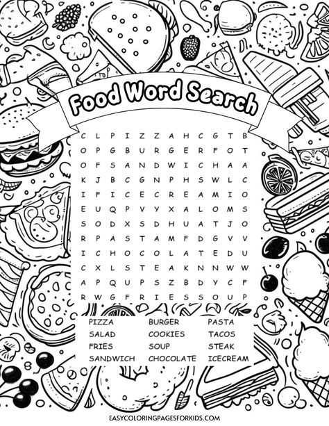 Food word search puzzle featuring various food items like pizza, salad, and tacos, surrounded by illustrations of different dishes, desserts, and snacks. Ideal for food enthusiasts and puzzle lovers. Find The Words Puzzle, Wordsearches For Kids Free Printable, Free Word Search Printables, Wordsearches For Kids, Food Worksheets For Kids, Food Word Search, Easy Coloring Pages For Kids, Word Puzzles For Kids, Puzzle Challenge