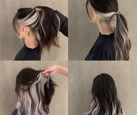 Brown And Silver Hair, Brown Hair With Silver Highlights, Under Hair Color, Black And Silver Hair, Purple Blonde, Dyed Hairstyles, Silver Hair Dye, Hair Color Inspiration, Underneath Hair Color