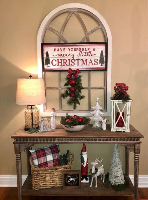 Console Table Christmas Decor Ideas, Christmas Entryway Decor Table, Christmas Decor Ideas Console Table, Cozy Christmas Home Decor, Christmas Foyer Table Decor, Christmas Sofa Table Decor, Christmas Entertainment Center Decor, Christmas Decor Console Table, Sofa Table Christmas Decor Ideas