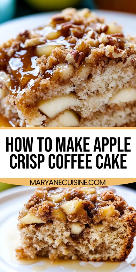 Learn how to bake the perfect apple crisp coffee cake with caramelized pecans, diced apples, and a fluffy, moist base. Cake Mix Coffee Cake Recipes, Apple Coffee Cake Recipes, Apple Crisp Coffee, Apple Crisp Cake, Easy Apple Desserts, Cake Mix Coffee Cake, Caramelized Pecans, Apple Cider Glaze, Apples Recipes