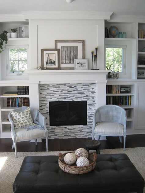 Carpet inlay to look like an area rug, via the Lilypad Cottage. Shelves Fireplace, Lilypad Cottage, Built In Around Fireplace, Fireplace Windows, Built In Shelves Living Room, Fireplace Built Ins, White Fireplace, Fireplace Remodel, Built In Bookcase