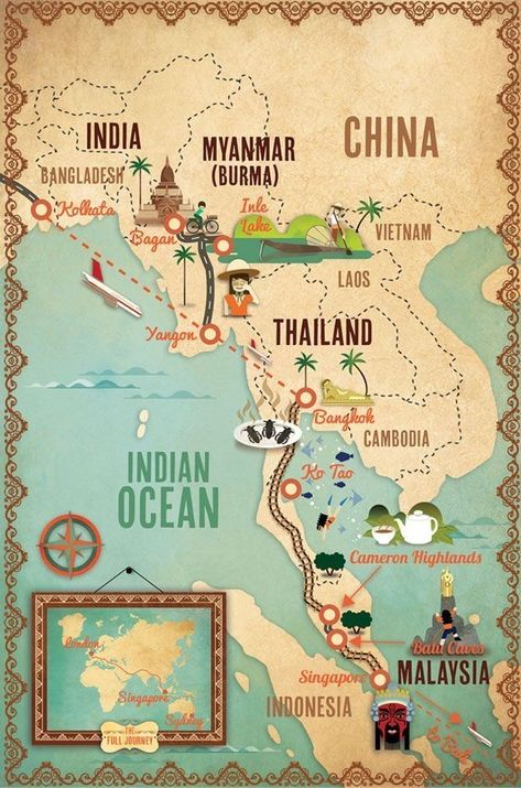 French Illustration, Myanmar Travel, Inle Lake, Asia Map, Singapore Travel, Yangon, Bagan, Mandalay, Illustrated Map