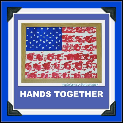 photo of: Flag of painted handprints Handprint Flag, Handprint Poem, Patriotic Kids, Flag Crafts, Holiday Classroom, Patriotic Art, Unique Flags, Footprint Art, Patriotic Crafts