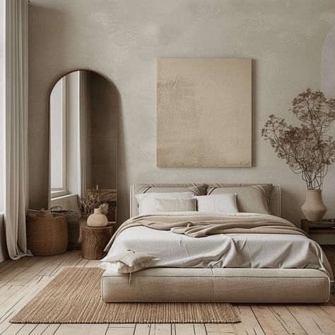 Diy Minimalist Bedroom, Decorating Tiny Bedrooms, Minimalist Bedroom Floor Bed, Bedroom Ideas Minimalist Cozy Vintage, Big Space Bedroom Ideas, Painting Ideas In Bedroom, Earth Tone Room Ideas, Small Bedroom Ideas Indian Style, Modern Mediterranean Decor Bedroom