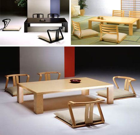 Sitting on (or nearly on) the floor is a tradition that has gradually made its way around the world, and as this contemporary dining collection illustrates: the aesthetic has evolved as the idea has traveled. In fact, if one were to add some legs to these chairs - or take the table outside of a  ... Japanese Floor Seating, Japanese Dining Table, Low Dining Table, Floor Seating Cushions, Dining Furniture Makeover, Rustic Dining Furniture, Dining Room Table Chairs, Restaurant Seating, Floor Sitting