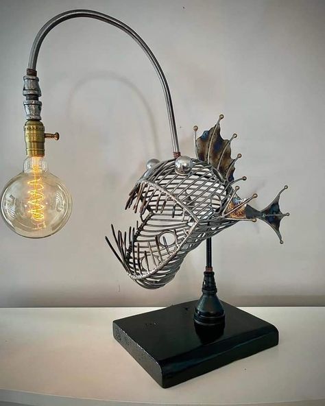 Steampunk Fish Art, Steampunk Lighting Fisherman With Fishing Pole, Recycled Metal Art Fish, Metal Angler Fish Lamp, Art Fer, Bar Deco, Metal Bass Lamp, Fish Lamp, Sculpture Metal