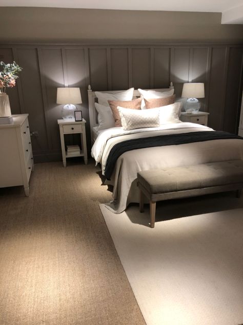 I was in Neptune today and this is the style I am going for in the master bedroom. I’m not sure if the panelling will be in Railings by Farrow and Ball or in Grey Oak by Neptune (pictured). I love the natural sisal flooring so I have just ordered several samples for that. Bedroom Grey Panelling, Room Decor Bedroom Panelling, Grey Panel Bedroom, Oak Panelling Bedroom, Bedroom Panelling With Picture Rail, Wood Panelling Bedroom Ideas, Brown Panelling Bedroom, Grey Bedroom Panelling, Neptune Bedroom Ideas