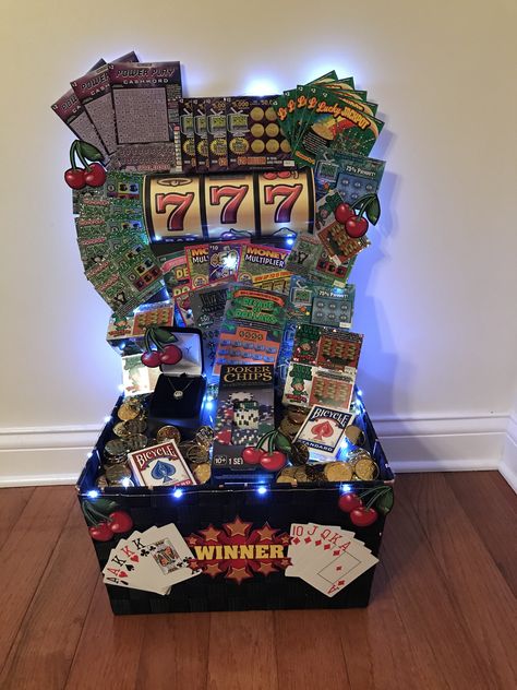 Lottery Themed Gift Basket, Las Vegas Themed Gift Basket, Lottery Raffle Basket, Lottery Gift Basket Ideas, Poker Themed Gift Basket, Office Raffle Ideas, Men’s Raffle Basket, Casino Themed Gift Baskets, Lottery Ticket Silent Auction Basket