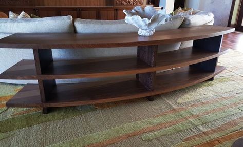 Curved sofa console, walnut & wenge Sofa Table Behind Curved Sectional, Curved Sofa Table Behind Couch, Curved Sofa Table, 70s Remodel, Curved Couches, Holualoa Hawaii, Behind Sofa Console, Table Behind Sofa, Decor Console Table