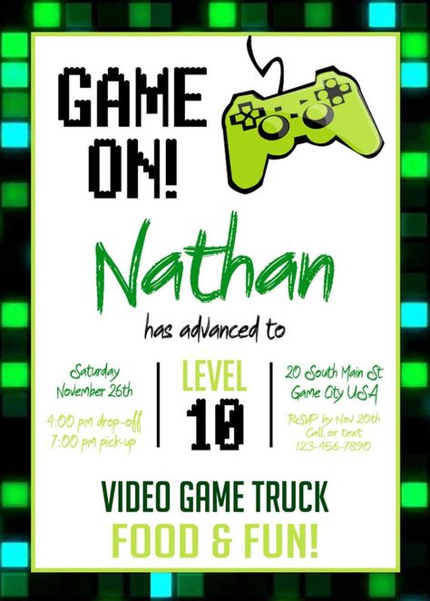 Game Truck Party; Video Game Truck Party Invitation; Video Game Invitation; Video Game Birthday Invi Xbox Birthday Party, Playstation Party, Truck Party Invitations, Game Truck Party, Video Game Birthday, Game Night Parties, Tmnt Party, Video Games Birthday Party, Party Video