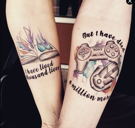 Matching Tattoos Couples Nerd, Wedding Matching Tattoos, Tattoos For Emotions, Bookish Tattoos Sleeve, Male Bicep Tattoo, Journey Before Destination Tattoo, Lord Of The Rings Couples Tattoo, Video Game Matching Tattoos, Tattoo For Gamers