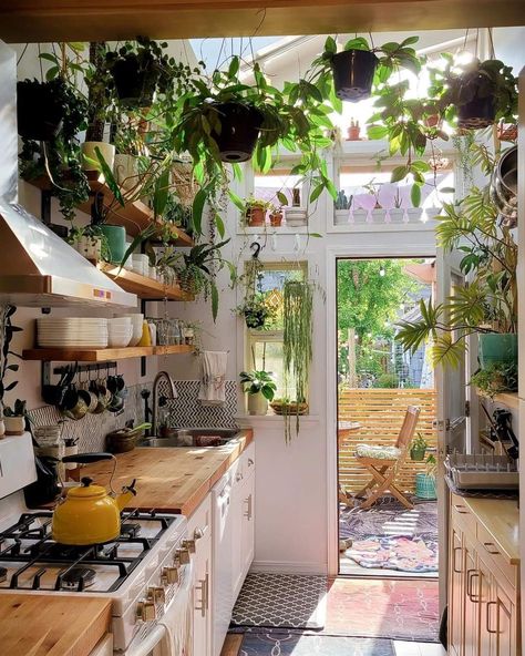 Houseboat Kitchen, Garden Hideaway, Modern Boho Kitchen, Interior Boho, Best Kitchen Tools, Plant Kitchen, Kitchen Plants, Bohemian Kitchen, Boho Kitchen