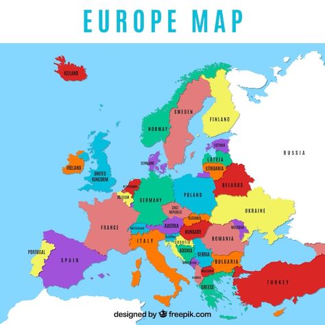 Free vector map of europe with colors in... | Free Vector #Freepik #freevector #european-map #europe-map #europe #flat-map Montenegro Map, Map Of Slovenia, World Map Europe, Croatia Map, Romania Map, United Kingdom Map, Romania Flag, Denmark Map, Asia Continent