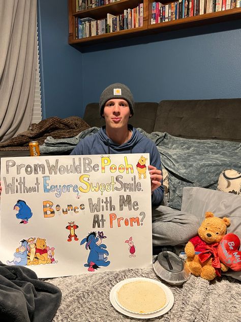 Homecoming Posters For Boyfriend, Promposal Unique, Disney Hoco Posters, Homecoming Poster For Boyfriend, Cute Unique Hoco Proposals, Cougar Promposal, Winnie The Pooh Hoco Proposal, Silly Hoco Posters, Winnie The Pooh Promposal Ideas