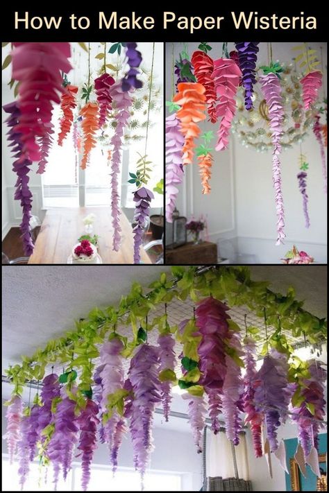 Paper Wisteria Template, Diy Wysteria, Diy Wisteria Flowers, Diy Wisteria Paper Flowers, Paper Wisteria Diy, Wisteria Decorations, Paper Wisteria, Flower Diy Paper, Flowers Wall Decoration